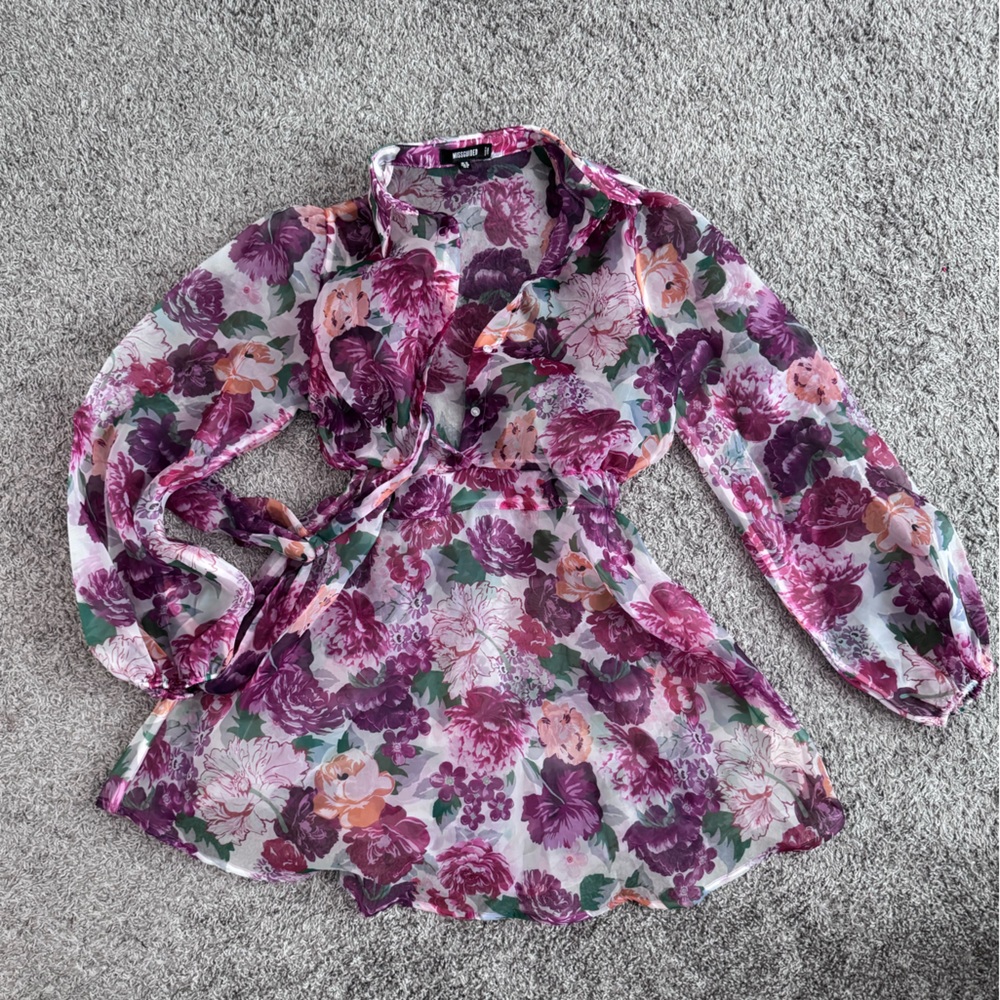 Mesh, floral, flowery, see through, puff sleeve, mini dress